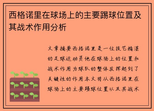 西格诺里在球场上的主要踢球位置及其战术作用分析