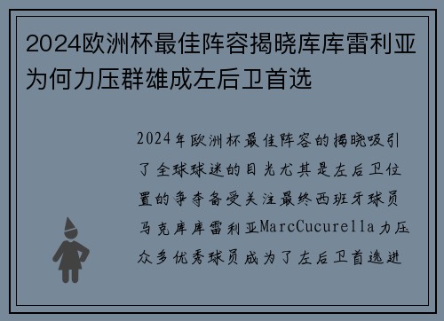 2024欧洲杯最佳阵容揭晓库库雷利亚为何力压群雄成左后卫首选