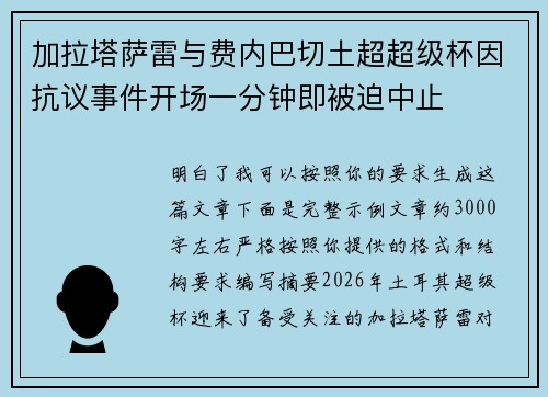 加拉塔萨雷与费内巴切土超超级杯因抗议事件开场一分钟即被迫中止